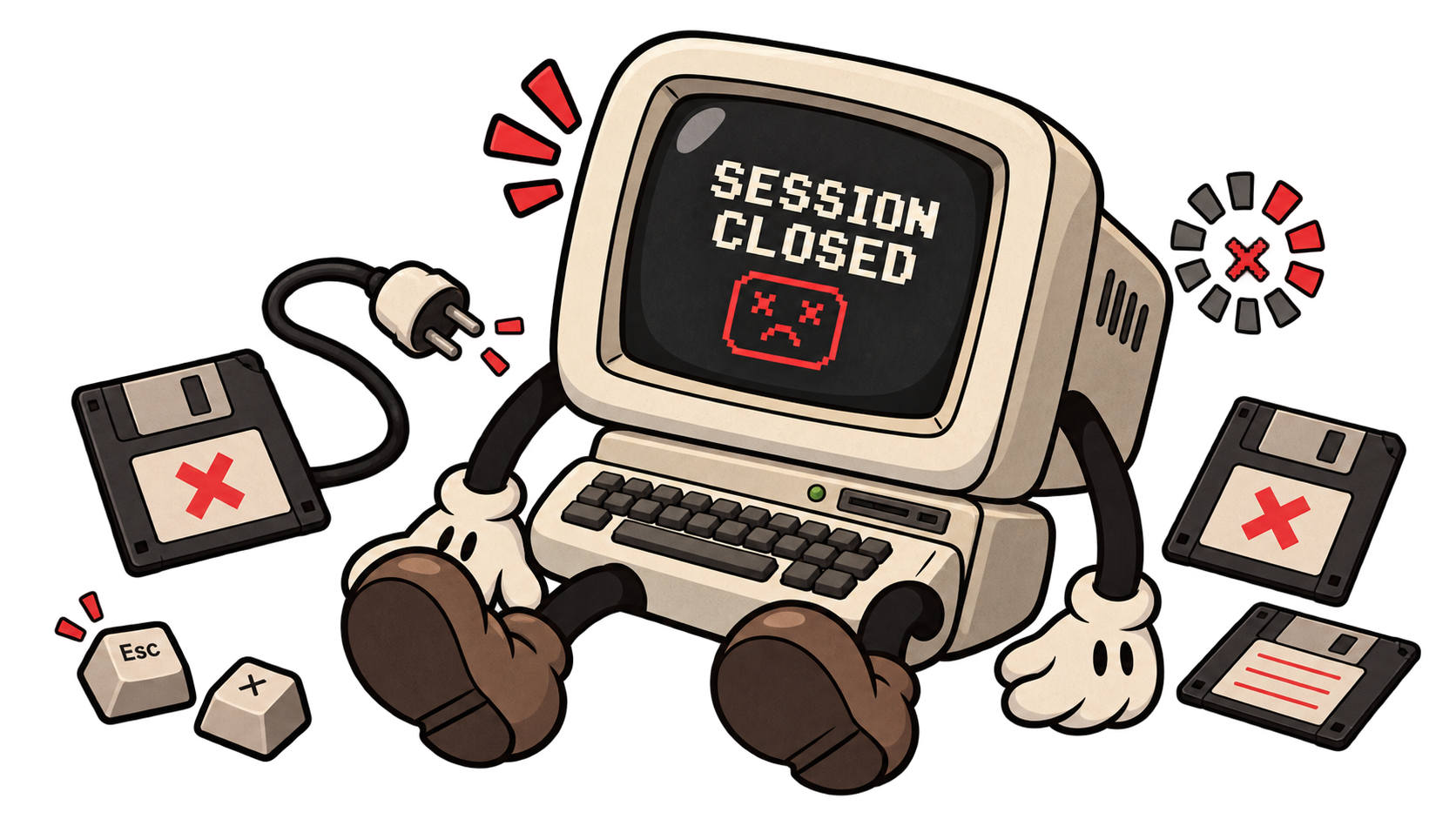 Старый компьютер с надписью Session Closed